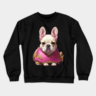 Charming Frenchie Puppy in Pink Floral Hanbok Crewneck Sweatshirt